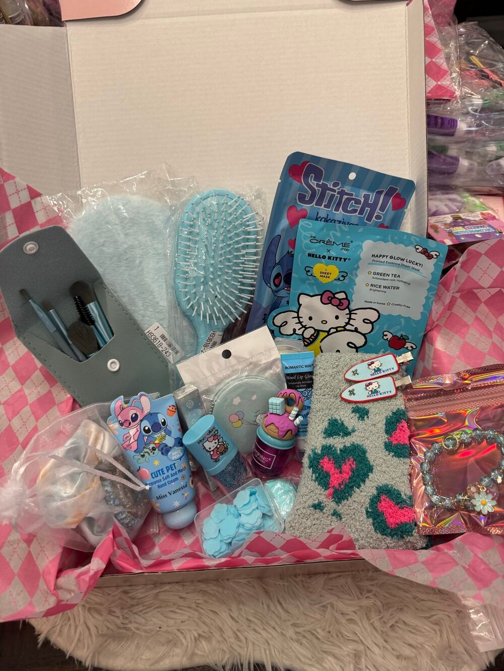 Hello Kitty and Stitch themed gift basket pampering self care ready to gift